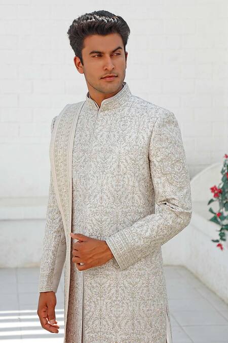 Vanshik Grey Raw Silk Embroidered Sherwani Set Online at Aza Fashions Vanshik_Grey Raw Silk Embroidered Sherwani Set _Online_at_Aza_Fashions