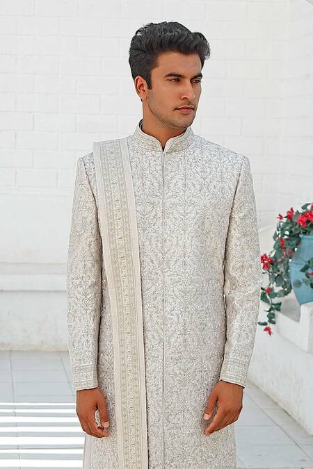 Buy Vanshik Grey Raw Silk Embroidered Sherwani Set Online at Aza Fashions Buy_Vanshik_Grey Raw Silk Embroidered Sherwani Set _Online_at_Aza_Fashions