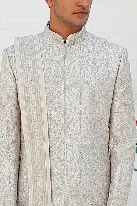 Shop Vanshik Grey Raw Silk Embroidered Sherwani Set Online at Aza Fashions Shop_Vanshik_Grey Raw Silk Embroidered Sherwani Set _Online_at_Aza_Fashions