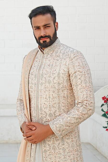Vanshik Peach Raw Silk Embroidered Sherwani And Kurta Set Online at Aza Fashions Vanshik_Peach Raw Silk Embroidered Sherwani And Kurta Set _Online_at_Aza_Fashions