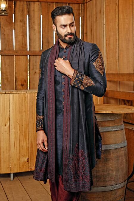 Vanshik_Blue Raw Silk Embroidered Sherwani Set_Online_at_Aza_Fashions