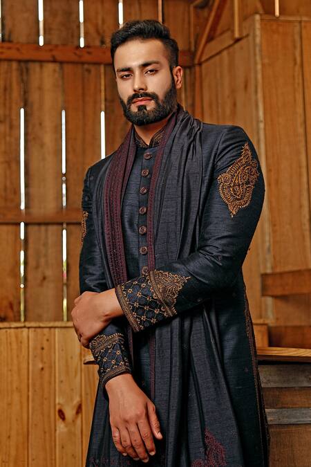 Buy_Vanshik_Blue Raw Silk Embroidered Sherwani Set_Online_at_Aza_Fashions