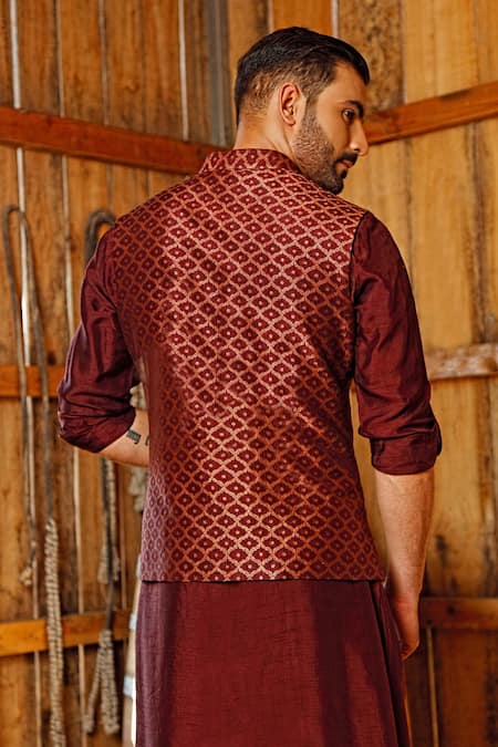 Shop_Vanshik_Maroon Silk, Bundi Tanjore Brocade And Draped Kurta Set _at_Aza_Fashions
