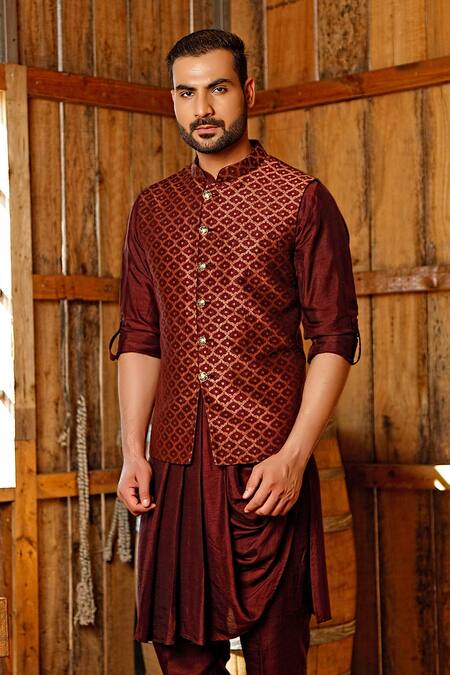Vanshik_Maroon Silk, Bundi Tanjore Brocade And Draped Kurta Set _Online_at_Aza_Fashions