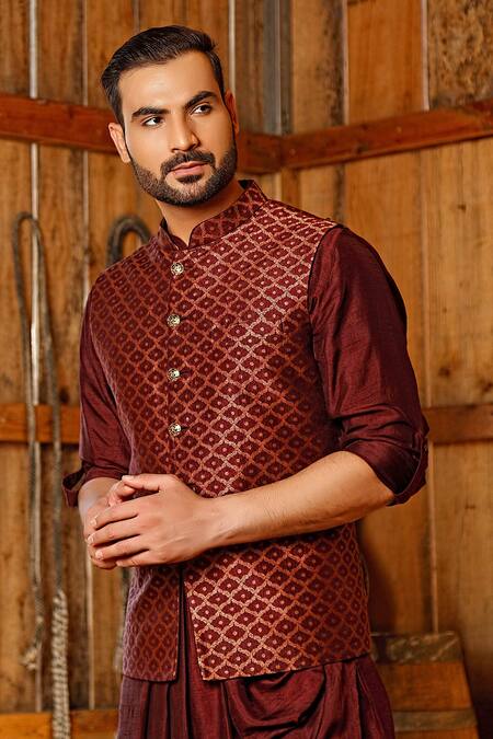 Buy_Vanshik_Maroon Silk, Bundi Tanjore Brocade And Draped Kurta Set _Online_at_Aza_Fashions