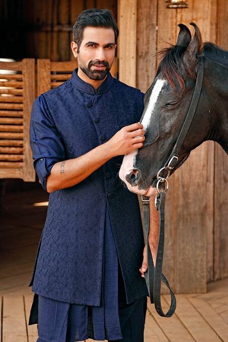 Buy Vanshik Blue Silk Longline Bundi And Kurta Set Online at Aza Fashions Buy_Vanshik_Blue Silk Longline Bundi And Kurta Set _Online_at_Aza_Fashions