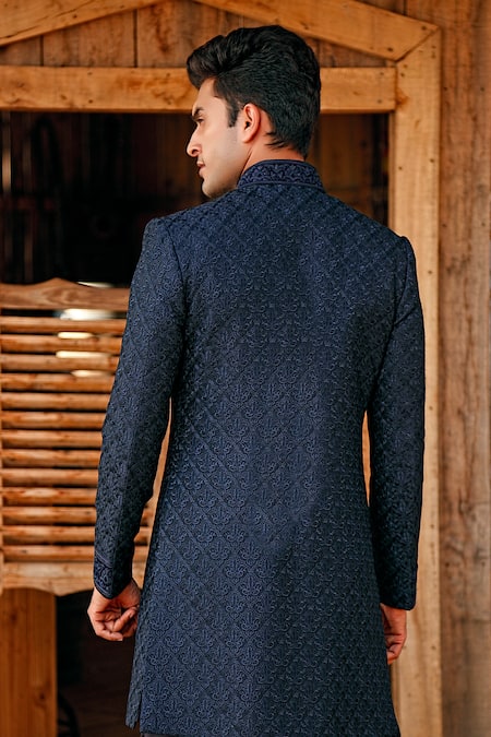 Shop Vanshik Blue Silk Embroidered Sherwani Set at Aza Fashions Shop_Vanshik_Blue Silk Embroidered Sherwani Set _at_Aza_Fashions