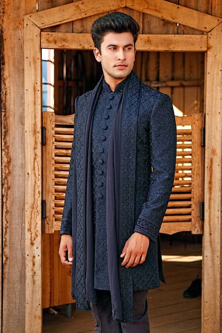 Vanshik Blue Silk Embroidered Sherwani Set Online at Aza Fashions Vanshik_Blue Silk Embroidered Sherwani Set _Online_at_Aza_Fashions