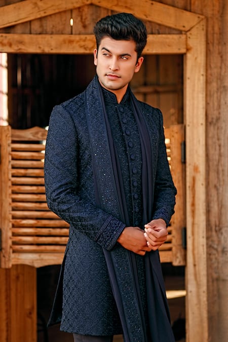Buy Vanshik Blue Silk Embroidered Sherwani Set Online at Aza Fashions Buy_Vanshik_Blue Silk Embroidered Sherwani Set _Online_at_Aza_Fashions