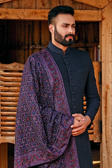 Vanshik Blue Silk Embroidered Sherwani Set Online at Aza Fashions Vanshik_Blue Silk Embroidered Sherwani Set _Online_at_Aza_Fashions