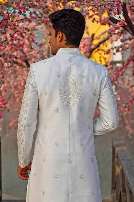 Shop Vanshik White Raw Silk Embroidered Sherwani And Kurta Set at Aza Fashions Shop_Vanshik_White Raw Silk Embroidered Sherwani And Kurta Set _at_Aza_Fashions