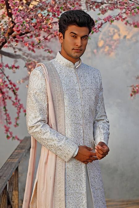 Vanshik White Raw Silk Embroidered Sherwani And Kurta Set Online at Aza Fashions Vanshik_White Raw Silk Embroidered Sherwani And Kurta Set _Online_at_Aza_Fashions