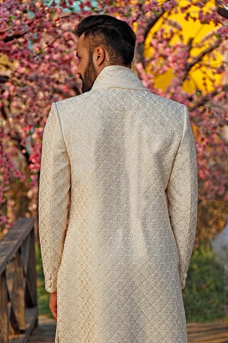 Shop Vanshik White Raw Silk Embroidered Sherwani Set at Aza Fashions Shop_Vanshik_White Raw Silk Embroidered Sherwani Set _at_Aza_Fashions