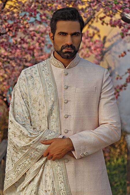 Shop Vanshik Pink Raw Silk Textured Sherwani Set at Aza Fashions Shop_Vanshik_Pink Raw Silk Textured Sherwani Set _at_Aza_Fashions