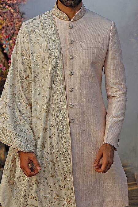 Vanshik Pink Raw Silk Textured Sherwani Set Online at Aza Fashions Vanshik_Pink Raw Silk Textured Sherwani Set _Online_at_Aza_Fashions
