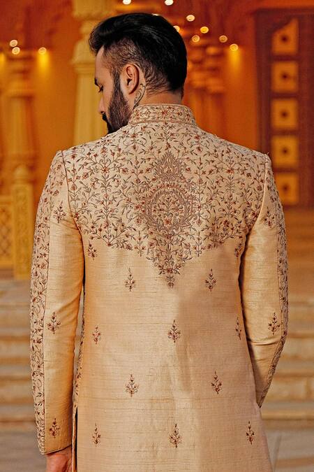 Shop Vanshik Gold Raw Silk Embroidered Sherwani Set at Aza Fashions Shop_Vanshik_Gold Raw Silk Embroidered Sherwani Set _at_Aza_Fashions