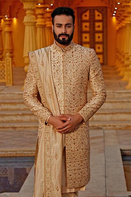 Vanshik Gold Raw Silk Embroidered Sherwani Set Online at Aza Fashions Vanshik_Gold Raw Silk Embroidered Sherwani Set _Online_at_Aza_Fashions