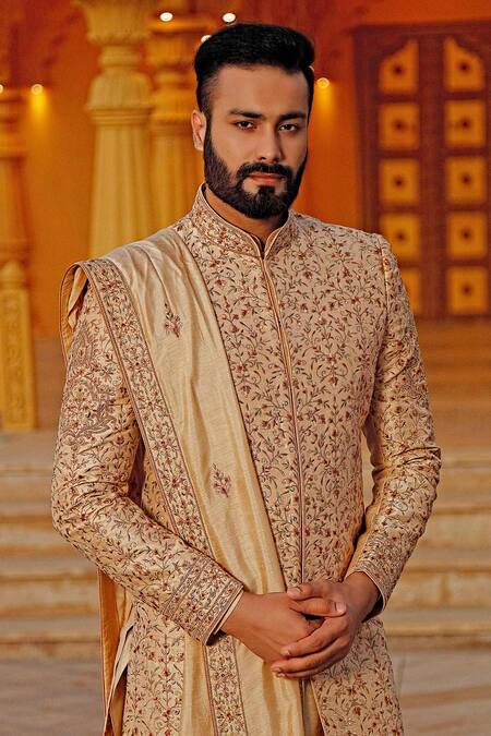Buy Vanshik Gold Raw Silk Embroidered Sherwani Set Online at Aza Fashions Buy_Vanshik_Gold Raw Silk Embroidered Sherwani Set _Online_at_Aza_Fashions