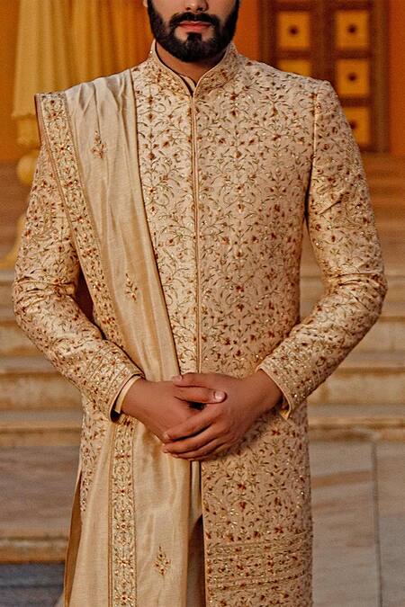 Shop Vanshik Gold Raw Silk Embroidered Sherwani Set Online at Aza Fashions Shop_Vanshik_Gold Raw Silk Embroidered Sherwani Set _Online_at_Aza_Fashions
