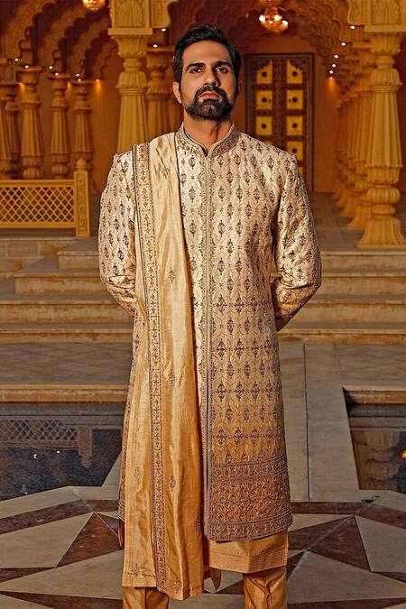 Vanshik Gold Raw Silk Embroidered Sherwani Set Online at Aza Fashions Vanshik_Gold Raw Silk Embroidered Sherwani Set _Online_at_Aza_Fashions