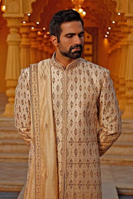 Buy Vanshik Gold Raw Silk Embroidered Sherwani Set Online at Aza Fashions Buy_Vanshik_Gold Raw Silk Embroidered Sherwani Set _Online_at_Aza_Fashions