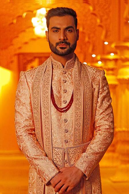 Vanshik Peach Silk Embroidered Sherwani Set Online at Aza Fashions Vanshik_Peach Silk Embroidered Sherwani Set _Online_at_Aza_Fashions