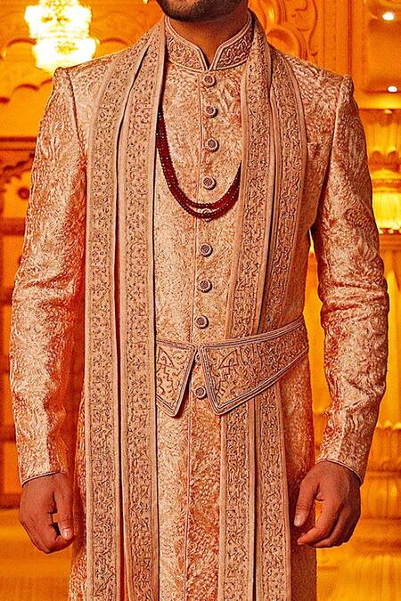 Buy Vanshik Peach Silk Embroidered Sherwani Set Online at Aza Fashions Buy_Vanshik_Peach Silk Embroidered Sherwani Set _Online_at_Aza_Fashions