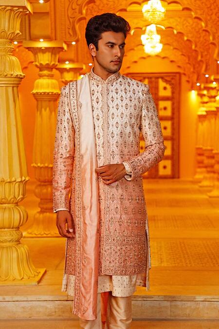 Vanshik_Peach Raw Silk Embroidered Sherwani Set _Online_at_Aza_Fashions