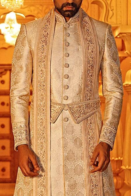 Buy_Vanshik_Beige Brocade Silk Sherwani And Dhoti Pant Set _Online_at_Aza_Fashions