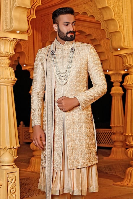 Vanshik Gold Silk Embroidered Sherwani Set Online at Aza Fashions Vanshik_Gold Silk Embroidered Sherwani Set_Online_at_Aza_Fashions