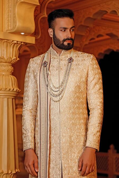 Buy Vanshik Gold Silk Embroidered Sherwani Set Online at Aza Fashions Buy_Vanshik_Gold Silk Embroidered Sherwani Set_Online_at_Aza_Fashions