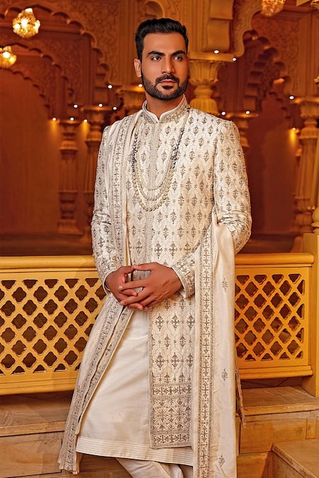 Shop Vanshik Beige Raw Silk Embroidered Sherwani Set at Aza Fashions Shop_Vanshik_Beige Raw Silk Embroidered Sherwani Set _at_Aza_Fashions