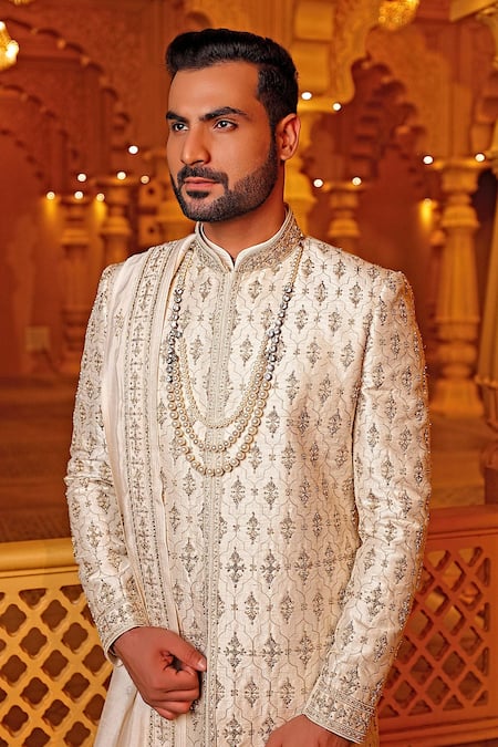 Vanshik Beige Raw Silk Embroidered Sherwani Set Online at Aza Fashions Vanshik_Beige Raw Silk Embroidered Sherwani Set _Online_at_Aza_Fashions
