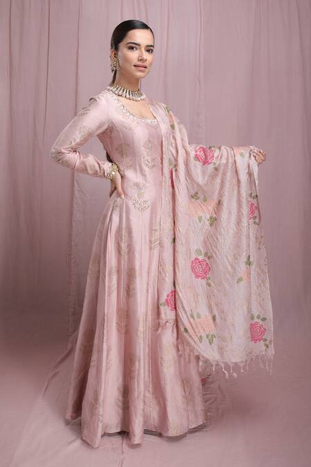 Show Shaa_Pink Silk Chanderi Dupatta Tusser Silk Lining Mul Block Print Anarkali With_Online_at_Aza_Fashions