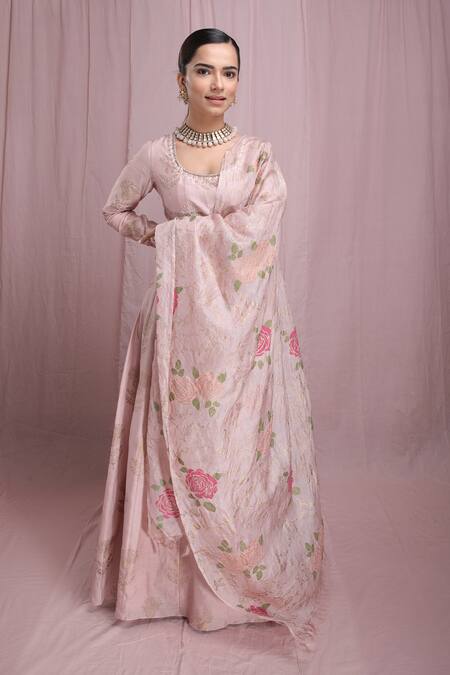 Buy_Show Shaa_Pink Silk Chanderi Dupatta Tusser Silk Lining Mul Block Print Anarkali With_Online_at_Aza_Fashions
