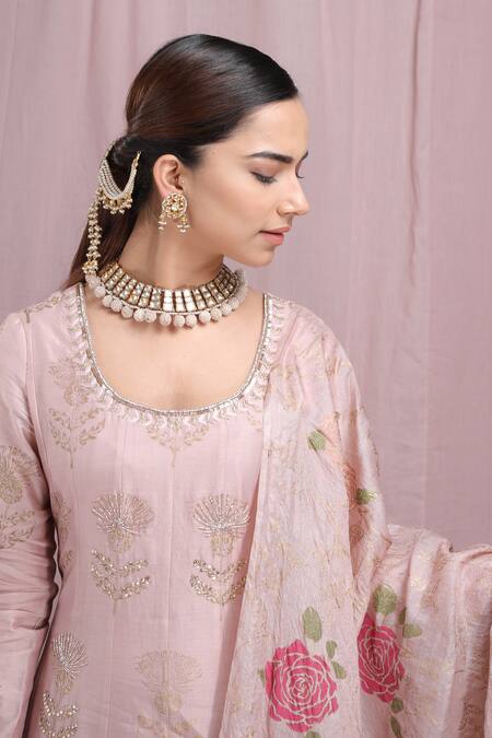 Shop_Show Shaa_Pink Silk Chanderi Dupatta Tusser Silk Lining Mul Block Print Anarkali With_Online_at_Aza_Fashions