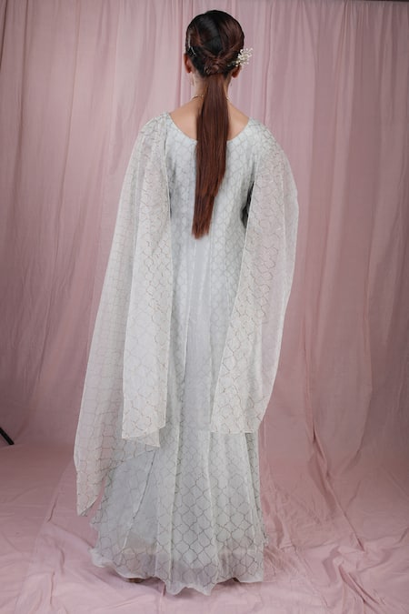 Shop_Show Shaa_Blue Crushed Organza Dupatta Tulle Lining Block Print Anarkali With _at_Aza_Fashions