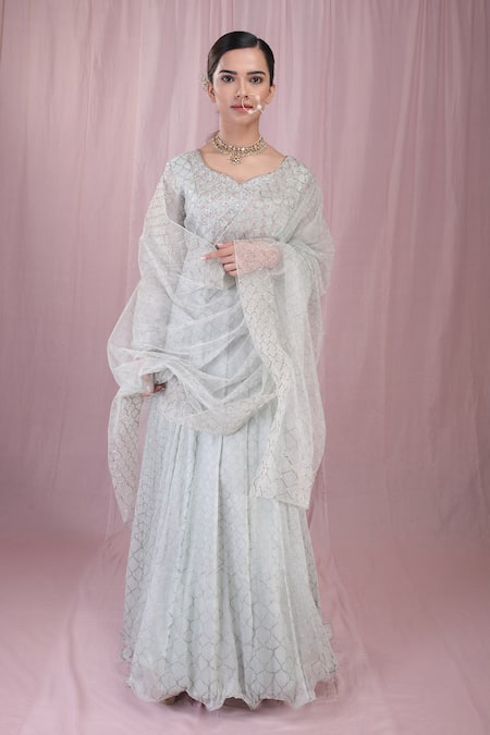 Show Shaa_Blue Crushed Organza Dupatta Tulle Lining Block Print Anarkali With _Online_at_Aza_Fashions