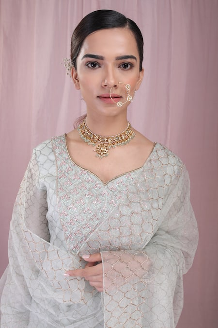 Shop_Show Shaa_Blue Crushed Organza Dupatta Tulle Lining Block Print Anarkali With _Online_at_Aza_Fashions