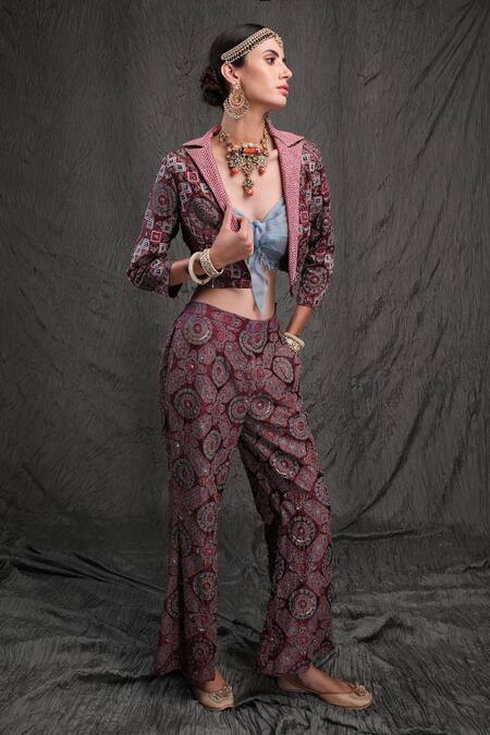 Buy_Show Shaa_Purple Modal Satin Lining Shantoon Jacket Lapel Embroidered Blazer And Pant Set_Online_at_Aza_Fashions