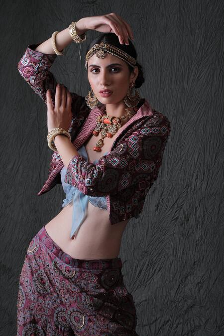 Shop_Show Shaa_Purple Modal Satin Lining Shantoon Jacket Lapel Embroidered Blazer And Pant Set_Online_at_Aza_Fashions