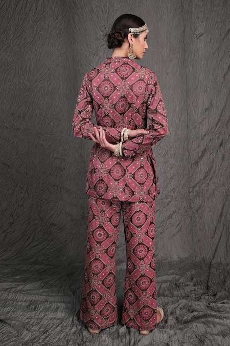 Shop_Show Shaa_Maroon Modal Satin Lining Shantoon Mandarin Embroidered Jacket And Pant Set _at_Aza_Fashions