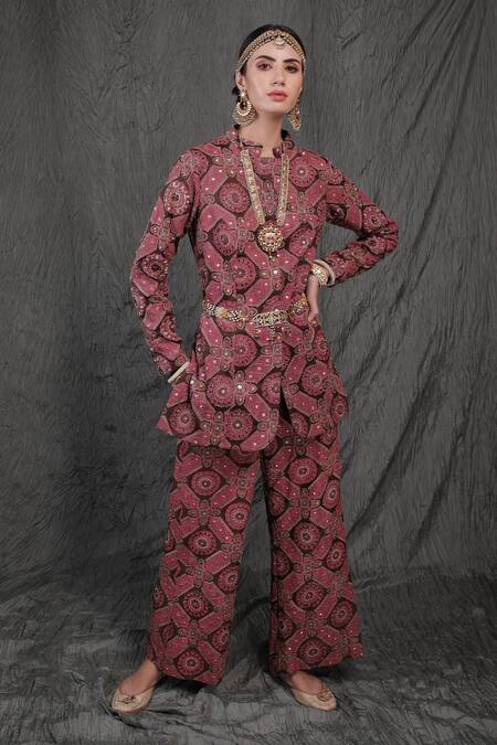 Show Shaa_Maroon Modal Satin Lining Shantoon Mandarin Embroidered Jacket And Pant Set _Online_at_Aza_Fashions