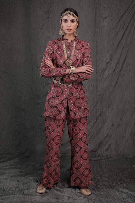 Buy_Show Shaa_Maroon Modal Satin Lining Shantoon Mandarin Embroidered Jacket And Pant Set _Online_at_Aza_Fashions