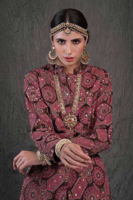 Shop_Show Shaa_Maroon Modal Satin Lining Shantoon Mandarin Embroidered Jacket And Pant Set _Online_at_Aza_Fashions
