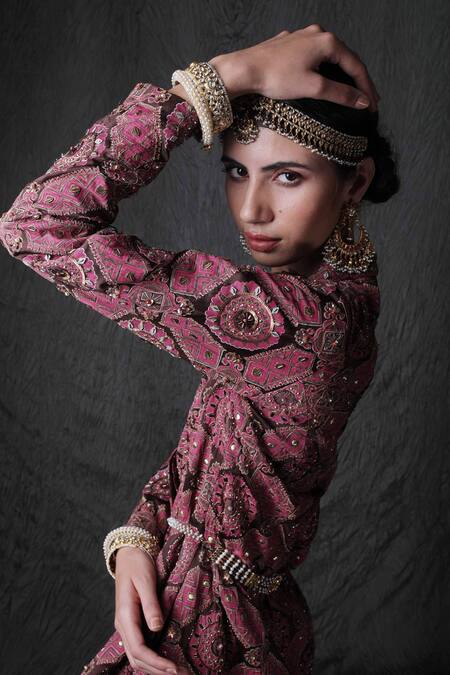 Show Shaa_Maroon Modal Satin Lining Shantoon Mandarin Embroidered Jacket And Pant Set _at_Aza_Fashions