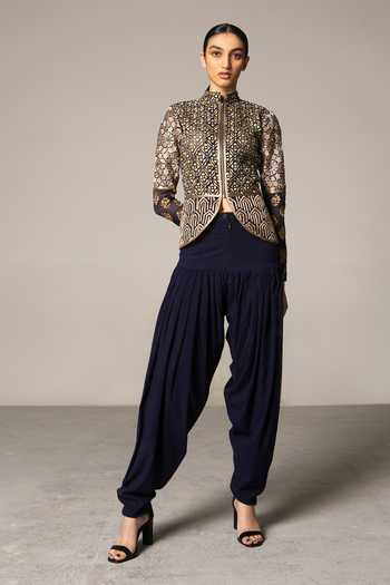 Siddartha Tytler_Blue Organza Mandarin Collar Embroidered Jacket  _Online_at_Aza_Fashions