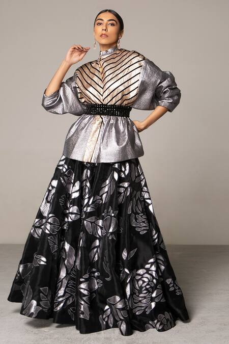 Siddartha Tytler_Black Metallic Polyester High Neck Colorblock Quilted Jacket_Online_at_Aza_Fashions