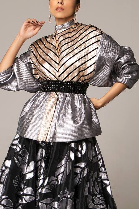 Buy_Siddartha Tytler_Black Metallic Polyester High Neck Colorblock Quilted Jacket_Online_at_Aza_Fashions
