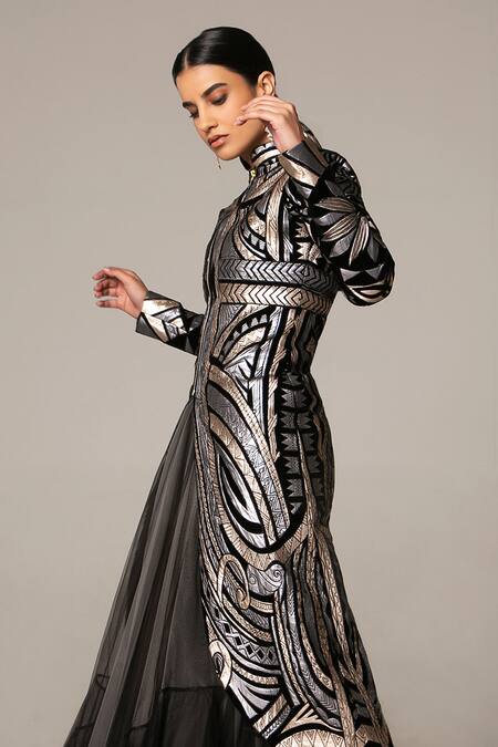 Siddartha Tytler_Black Velvet High Neck Metallic Jacket _Online_at_Aza_Fashions